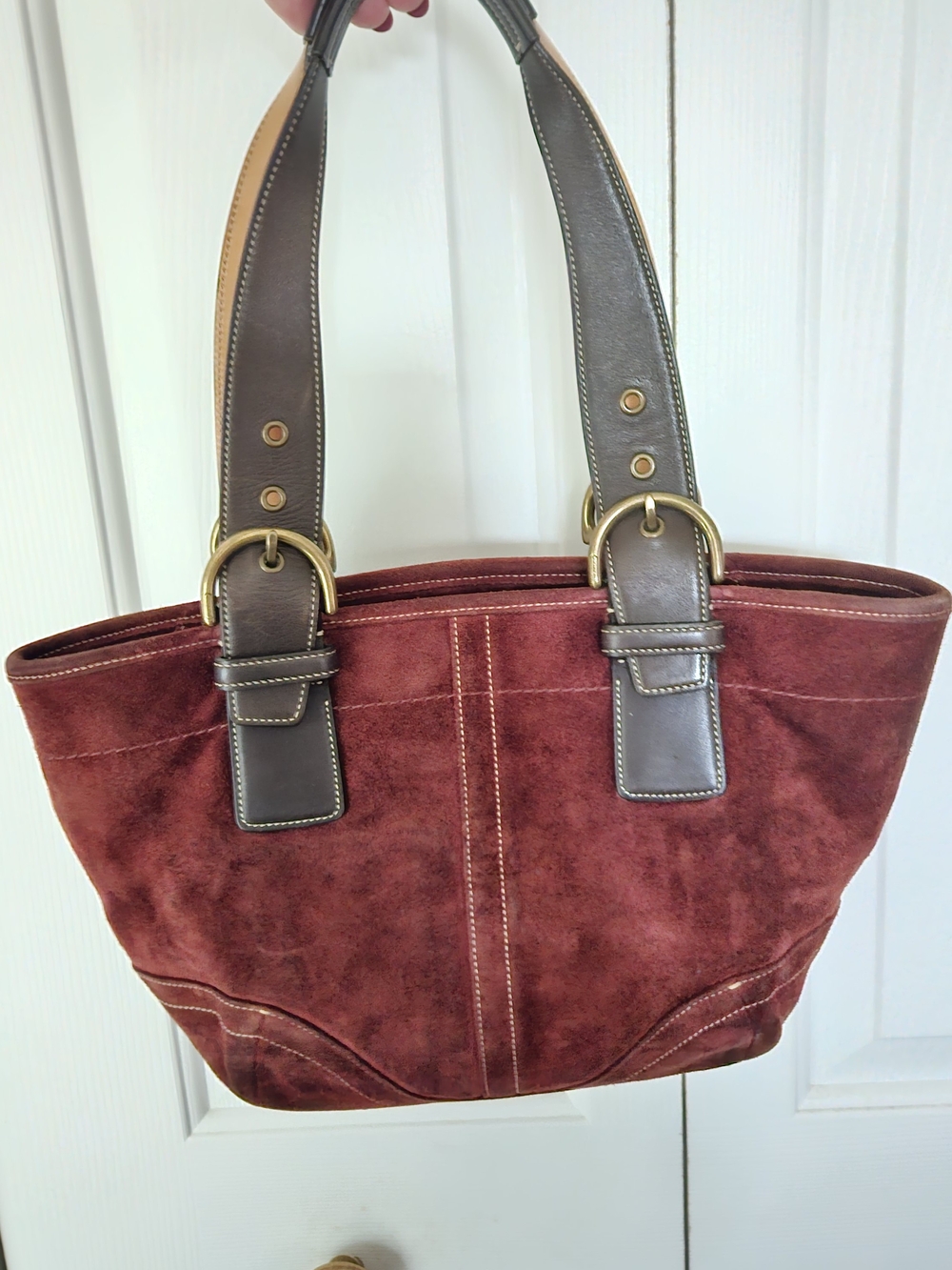 Coach Burgundy Suede Shoulder Bag with Dark Brown Straps - Picture 2 of 11
